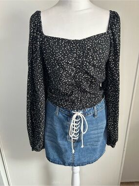 a new day Black Cream Dot Square-Neck Long Sleeve Cropped Blouse